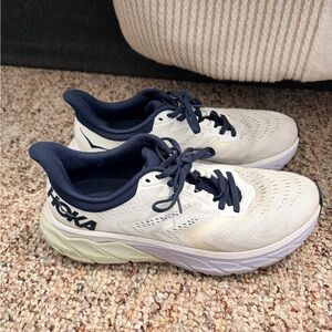Hoka Cream and Navy Athletic Shoes
